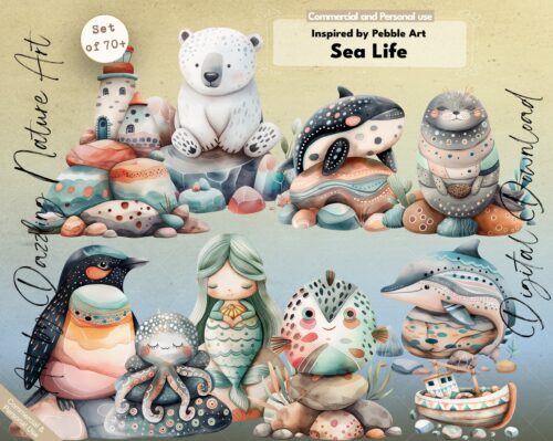 Sea Life inspired by Pebble Art - Illustrations Clipart Set