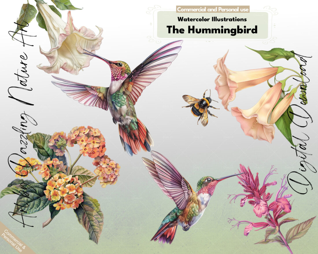 Watercolor Hummingbirds & Flowers