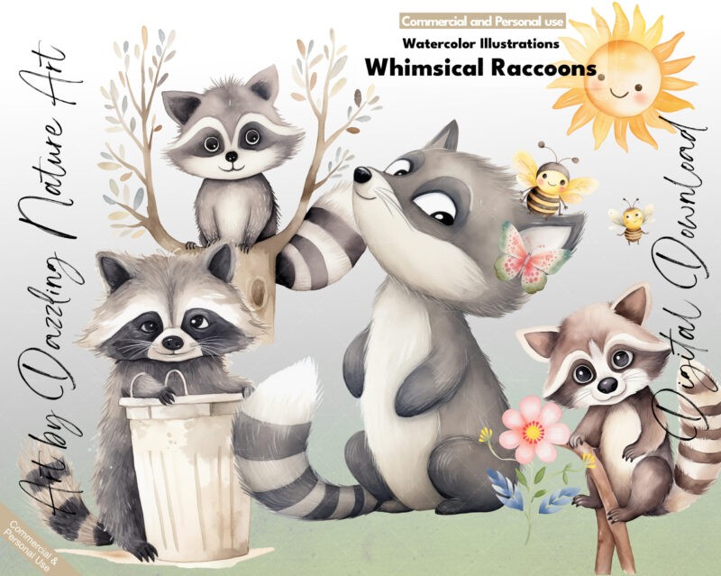 Whimsical Watercolor Raccoons