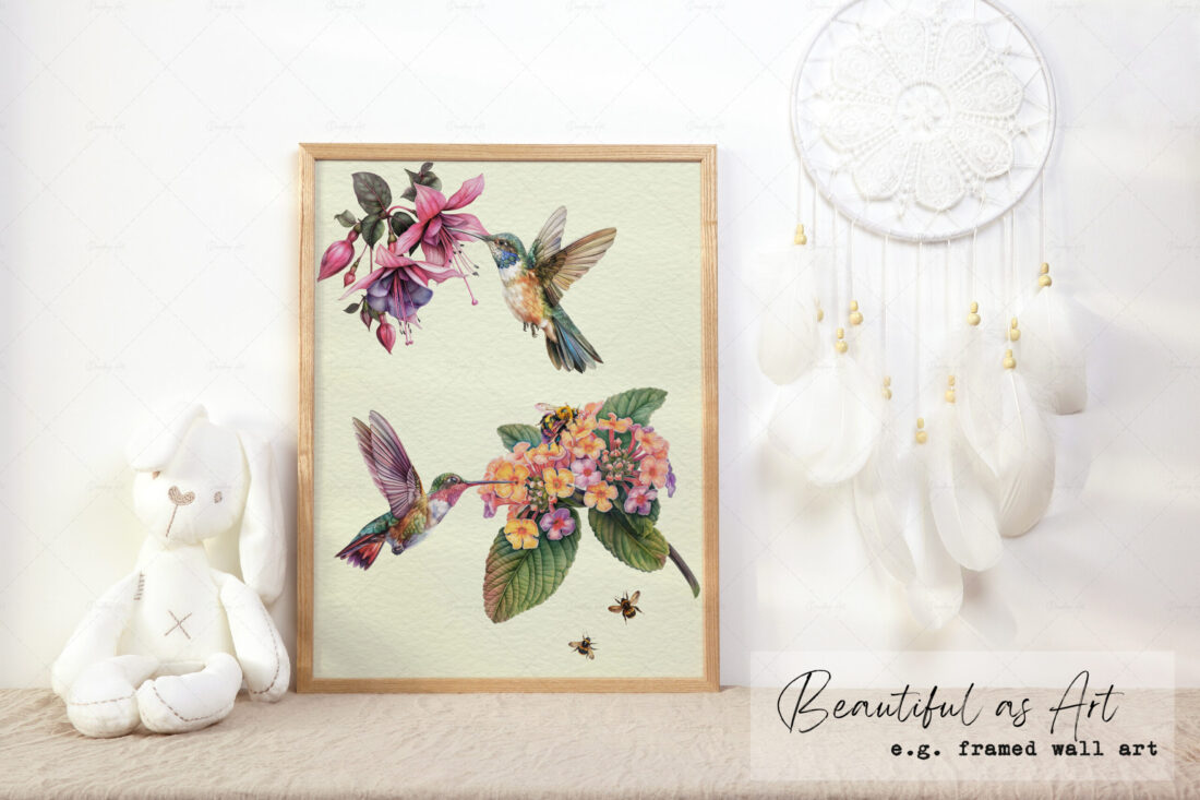 Watercolor Hummingbirds & Flowers