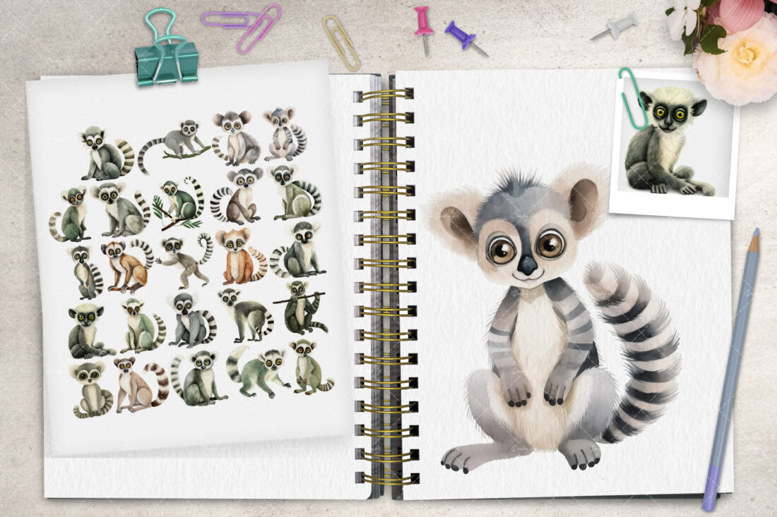 Watercolor Lemurs Illustration Set