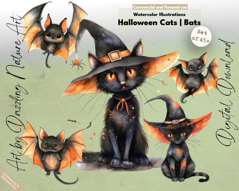 Welcome to the spooky world of "Halloween Black Cats and Bats" with my watercolor illustration clipart set! 🐈‍⬛🦇🎨