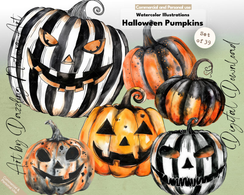 Welcome to the spooky and delightful world of "Haunting Harvest: Watercolor Halloween Pumpkins" with my watercolor illustration clipart set! 🎃🌌 In this eerie collection, you'll discover a variety of Halloween pumpkins, each one uniquely designed to bring a touch of festive fright to your projects.
