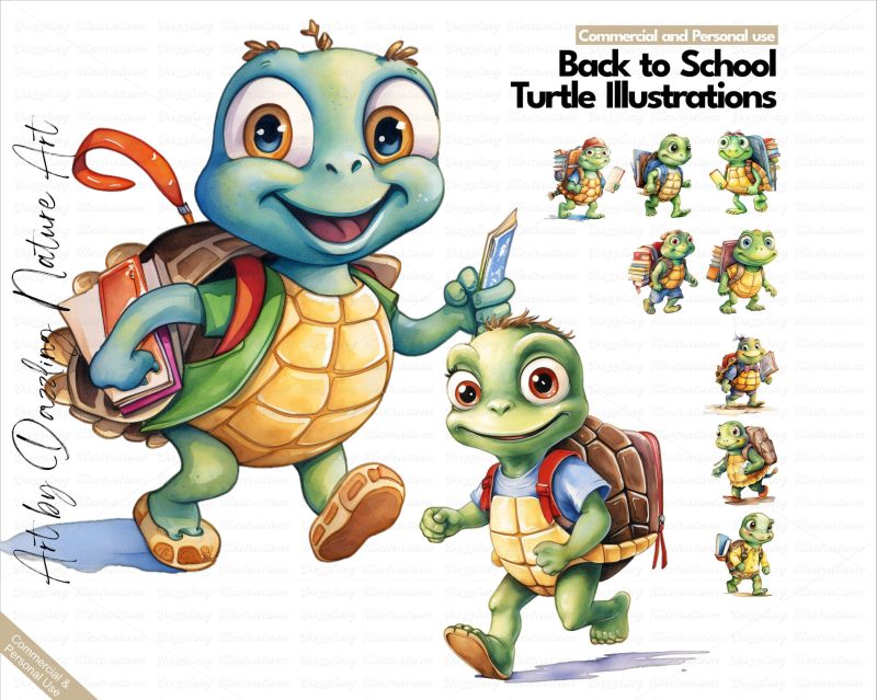 Back to School: Watercolor Turtle Clipart Set | watercolor turtle, turtle PNG, back to school clipart, turtle illustration