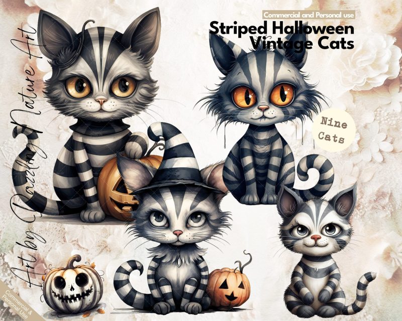 Striped Halloween Vintage Cats | Gothic Cats | Halloween clipart, Halloween Cats, cats PNG, cat illustration, watercolor cat