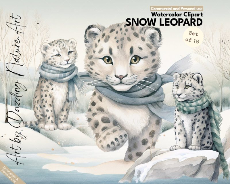 Watercolor Winter Snow Leopards | Watercolor Snow Leopards Illustration Clipart Set