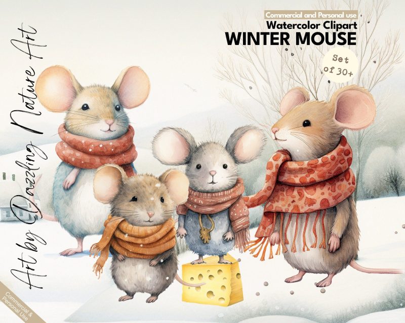 Watercolor Winter Mouse | Christmas Mouse Watercolor Clipart Set